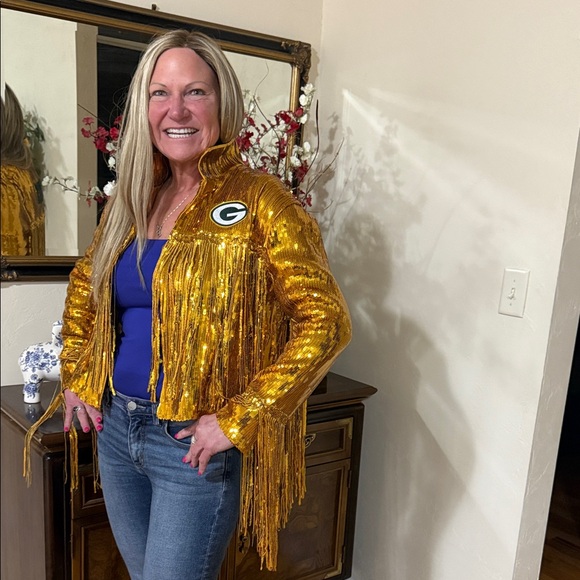 Gold Sequin Fringe Green Bay Packers Jacket, Large - Picture 2 of 11